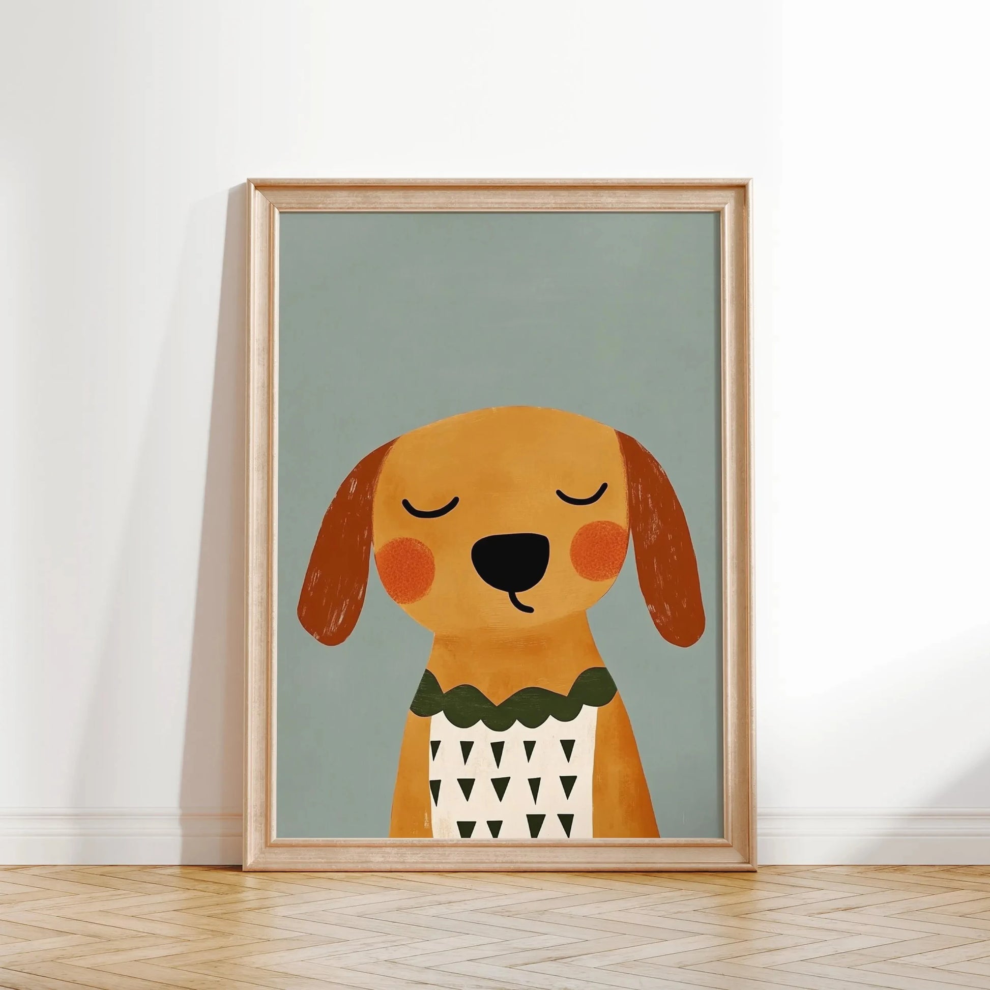 Framed illustration of a brown dog with a green collar on a light gray background