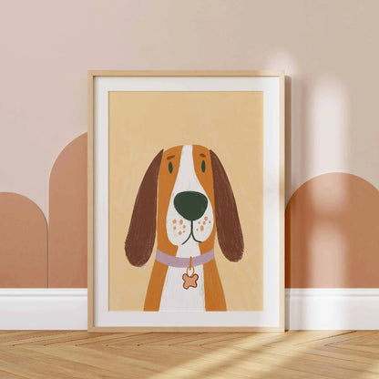 Framed illustration of a dog on a beige wall