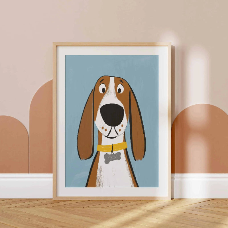 Framed illustration of a dog with a blue background on a wall.