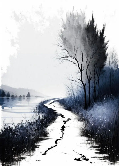 Artistic depiction of a path leading to a tree by a body of water