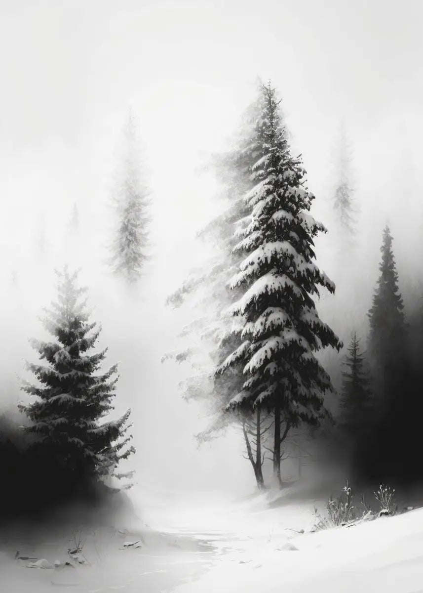 Snow-covered trees in a foggy forest