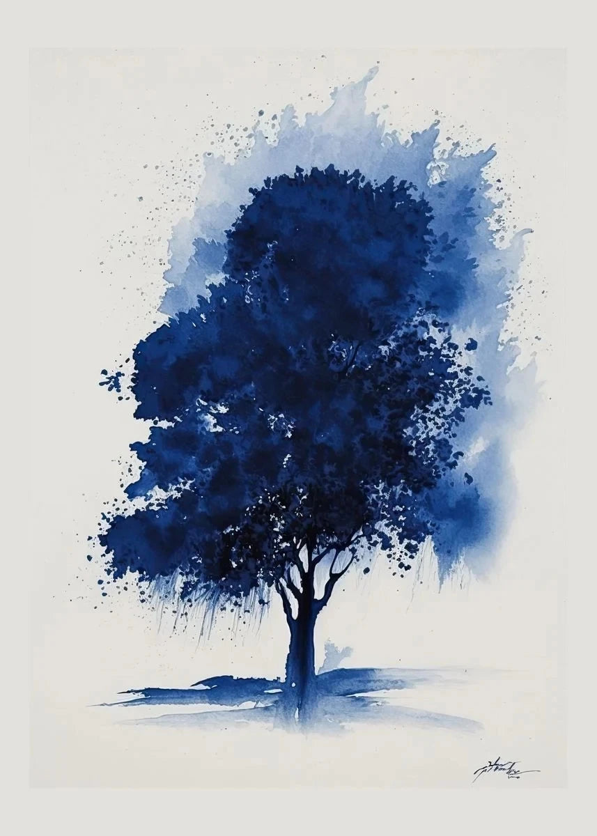Blue tree painting on a white background