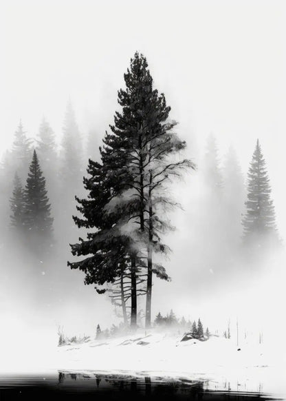 Black and white photo of a tall tree in a forest with fog
