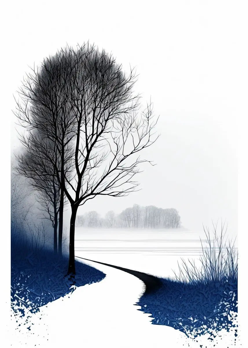 Silhouette of a tree on a snowy landscape with a path leading to a lake.