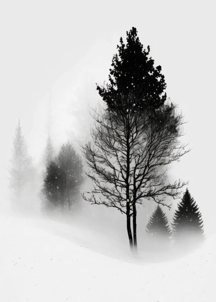 Silhouettes of trees against a snowy background