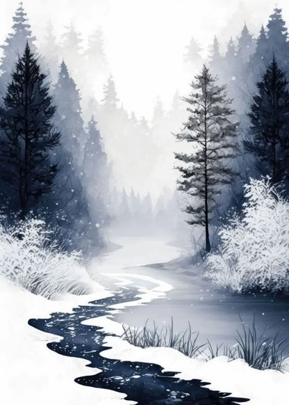 Winter landscape with a stream winding through snow-covered trees