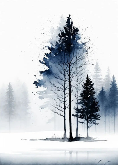 Artistic depiction of trees in a forest with a watercolor effect on a white background