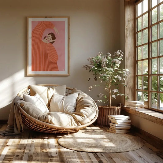Cozy room with a round wicker chair, framed artwork, and a large window. Canvas & Curio