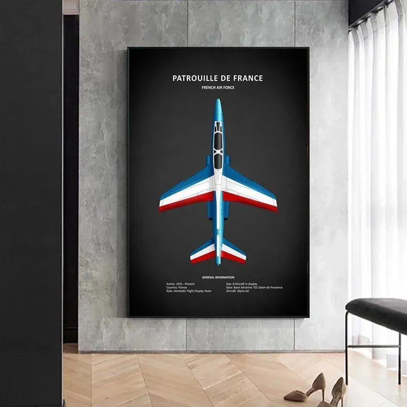 Framed poster of a Patrouille de France airplane on a wall.