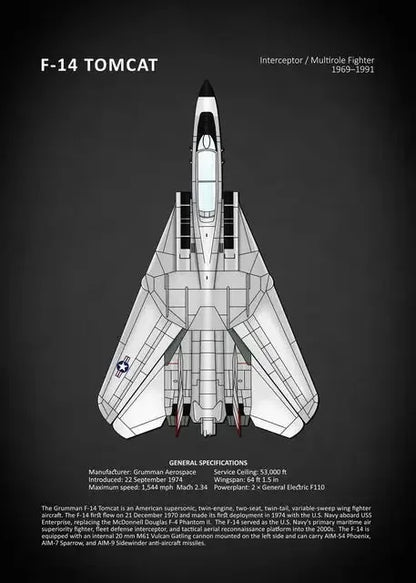 F-14 Tomcat fighter jet illustration with specifications on a dark background