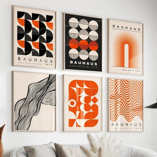 Set of six Bauhaus-themed posters on a wall Canvas & Curio