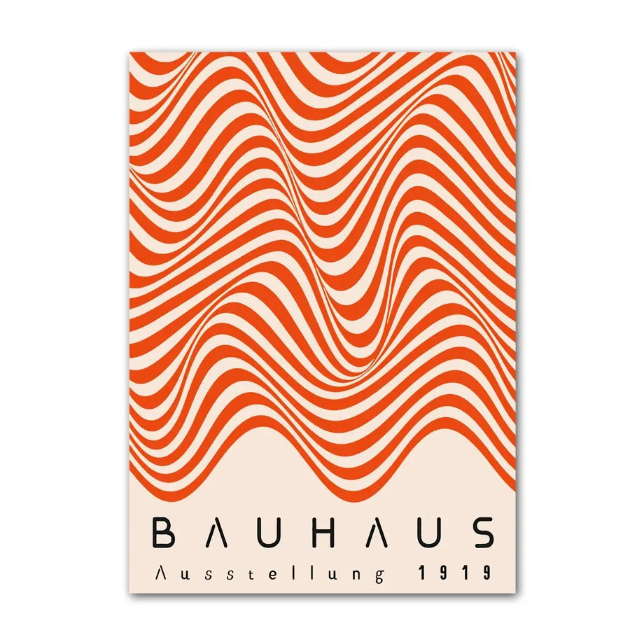 Bauhaus poster with red and white wavy pattern on a beige background