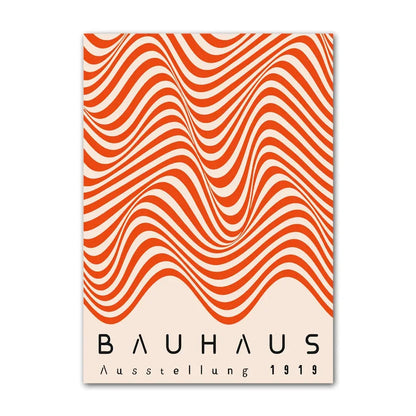 Bauhaus poster with red and white wavy pattern on a beige background
