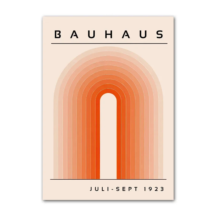 Bauhaus poster with orange arch design and 'B' on a beige background