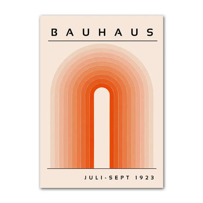 Bauhaus poster with orange arch design and 'B' on a beige background
