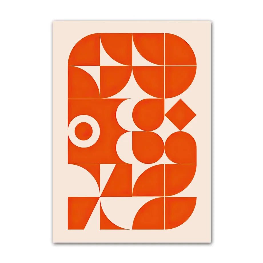 Geometric pattern poster with orange and white shapes on a beige background