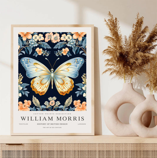 Framed artwork with butterfly design on a shelf with decorative vases. Canvas & Curio
