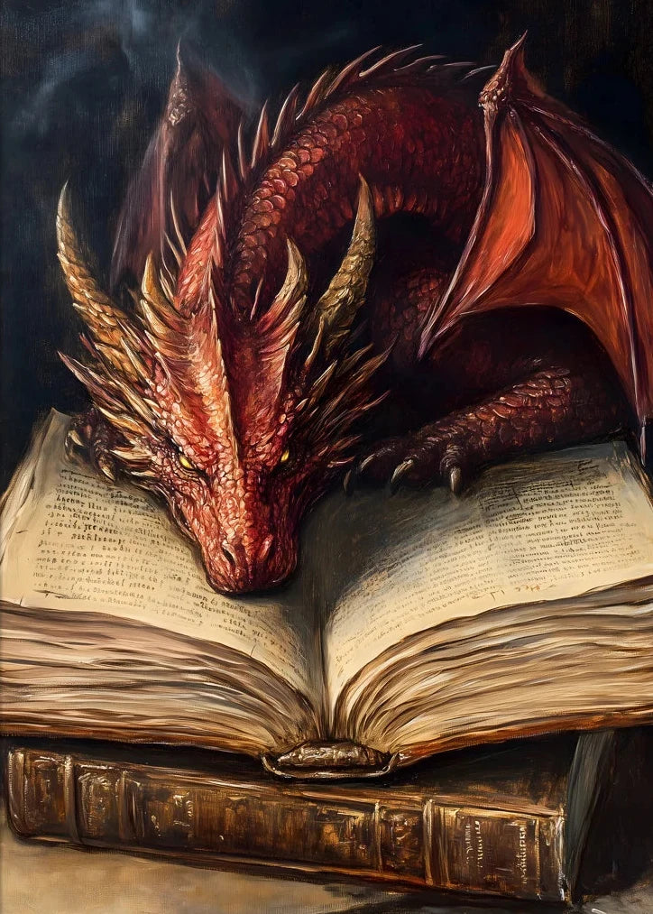 Red dragon resting on an open book with a dark background