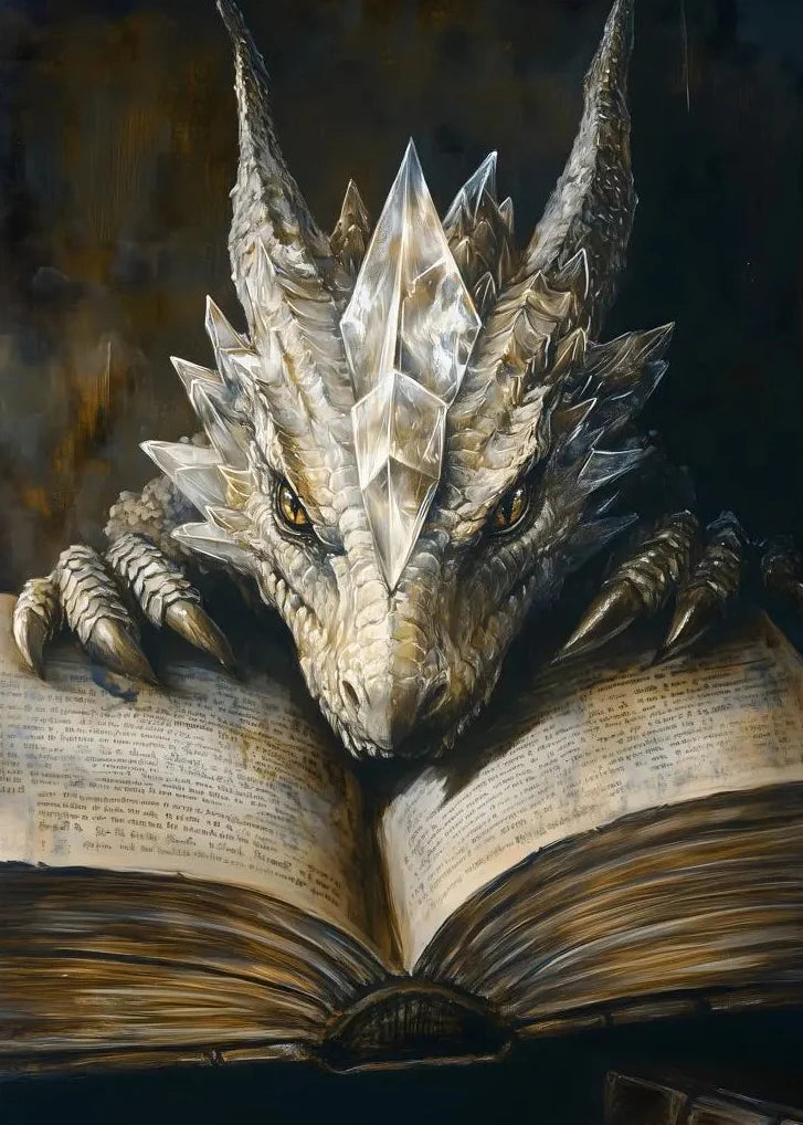 Dragon head emerging from an open book with a dark background