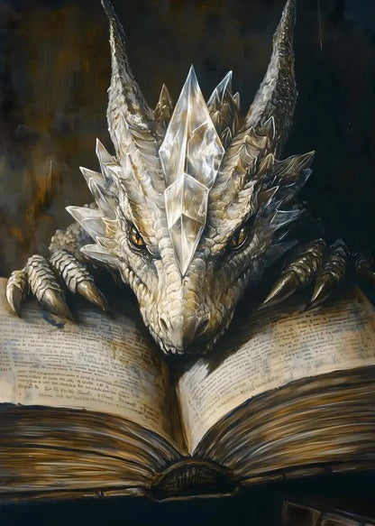 Dragon head emerging from an open book with a dark background