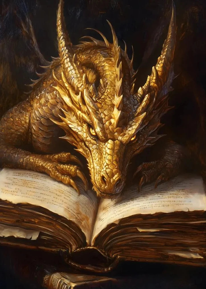 Gold dragon emerging from an open book