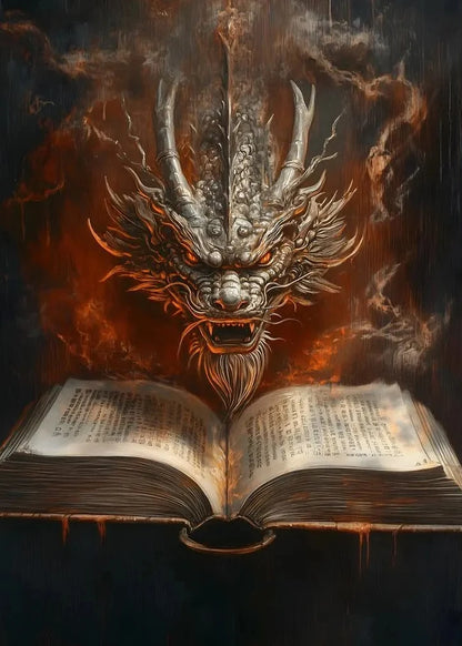 Open book with a dragon head emerging from the pages against a dark background