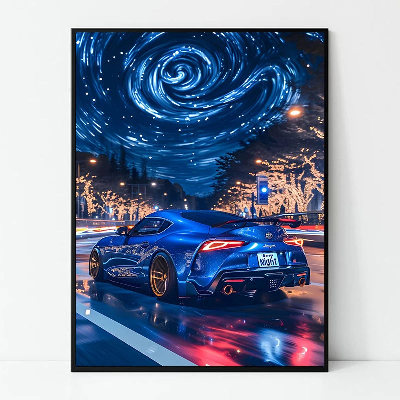 Blue sports car on a city street with a starry sky background