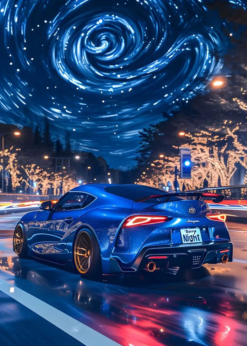 Blue sports car on a city street at night with a starry sky background