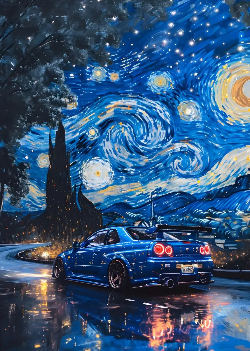 Blue car on a road with a Starry Night painting background