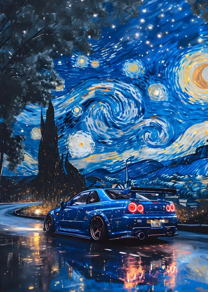 Blue car on a road with a Starry Night painting background