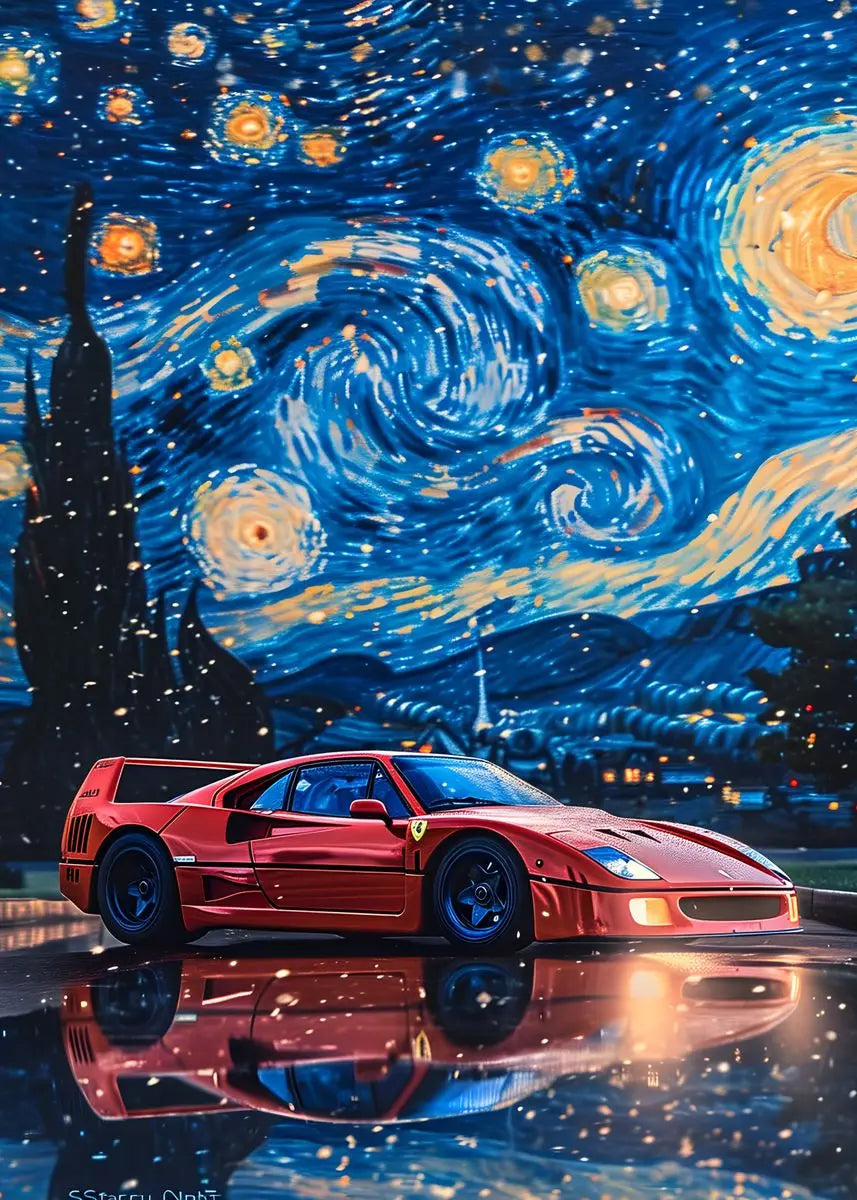 Red sports car in front of a stylized depiction of 'Starry Night' by Van Gogh