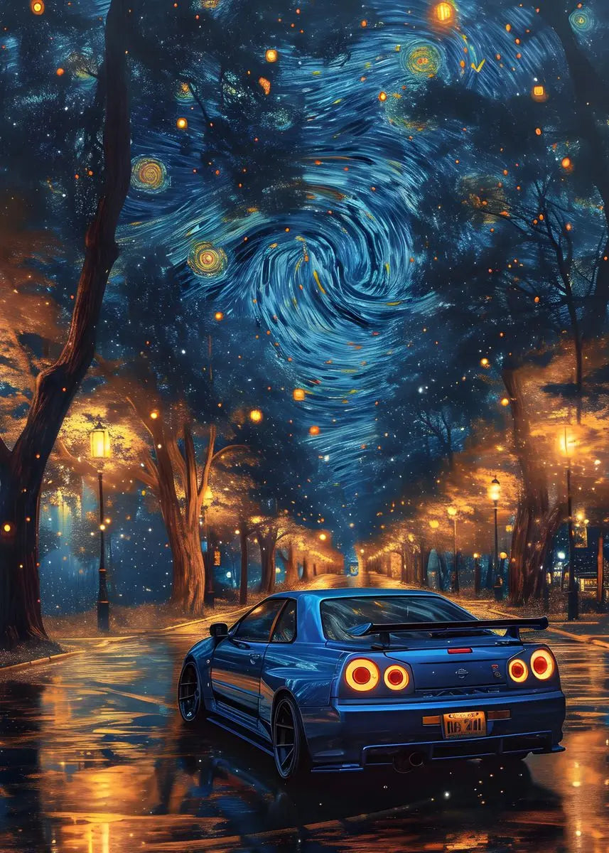 Blue sports car on a street with a starry night sky and trees in the background