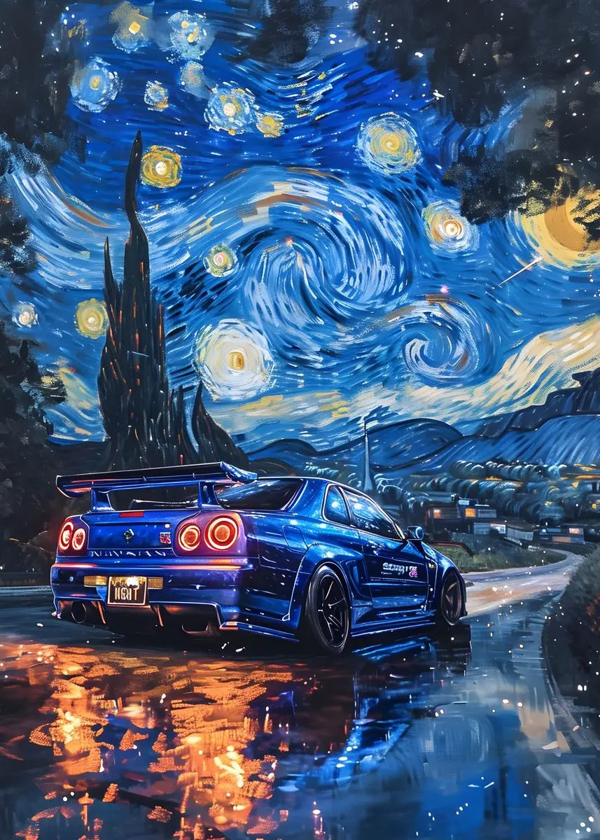 Blue car on a road with a Starry Night-inspired background