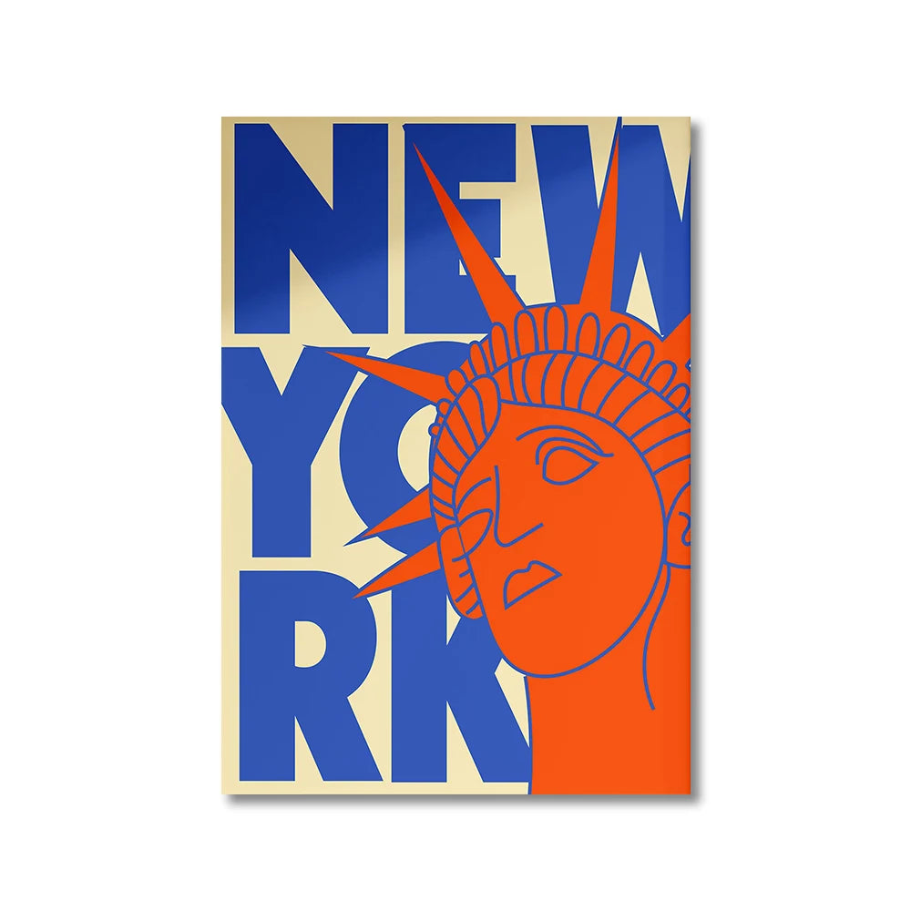 Poster with 'New York' text and Statue of Liberty head design on a beige background