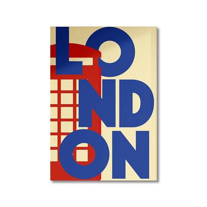 Poster with 'LONDON' text in blue and red on a beige background