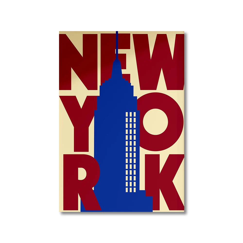 Poster with 'NEW YORK' text in red and blue on a beige background