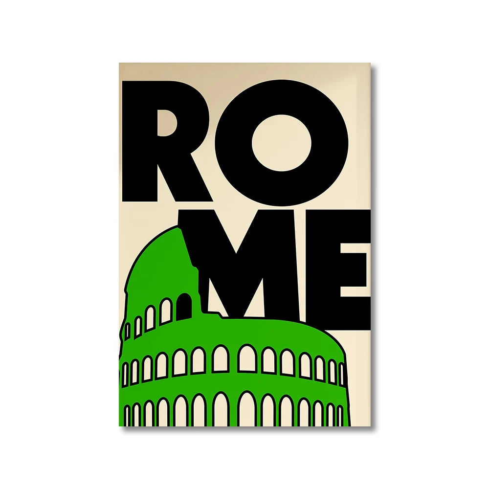 Poster with 'ROME' text and green Colosseum illustration on beige background