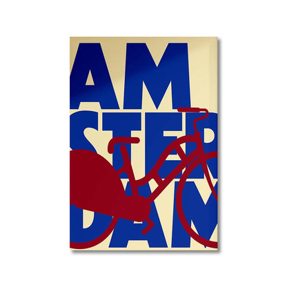 Poster with 'Amsterdam' text in blue and red on a beige background