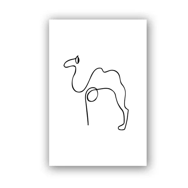 Minimalist line art of a camel on a white background