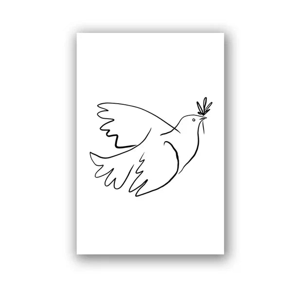Black line drawing of a dove holding an olive branch on a white background