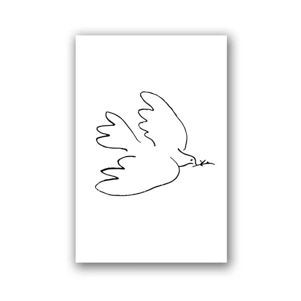 Black line drawing of a dove on a white background