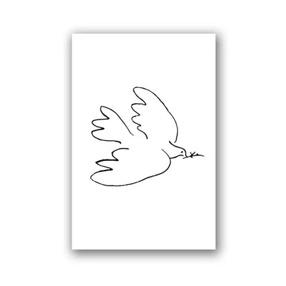 Black line drawing of a dove on a white background