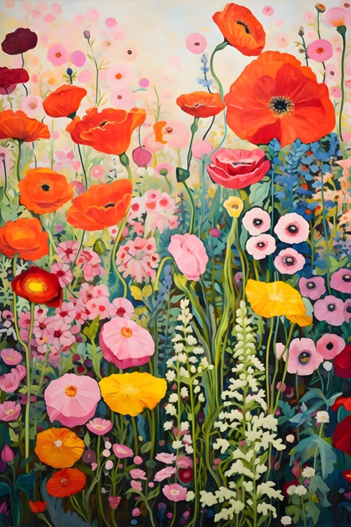 Colorful painting of various flowers including red, pink, yellow, and white.