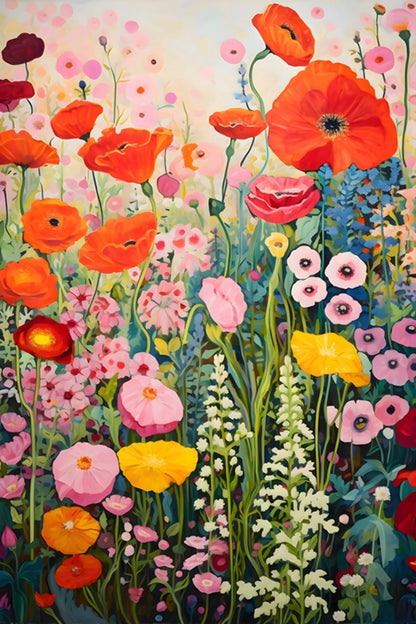 Colorful painting of various flowers including red, pink, yellow, and white.