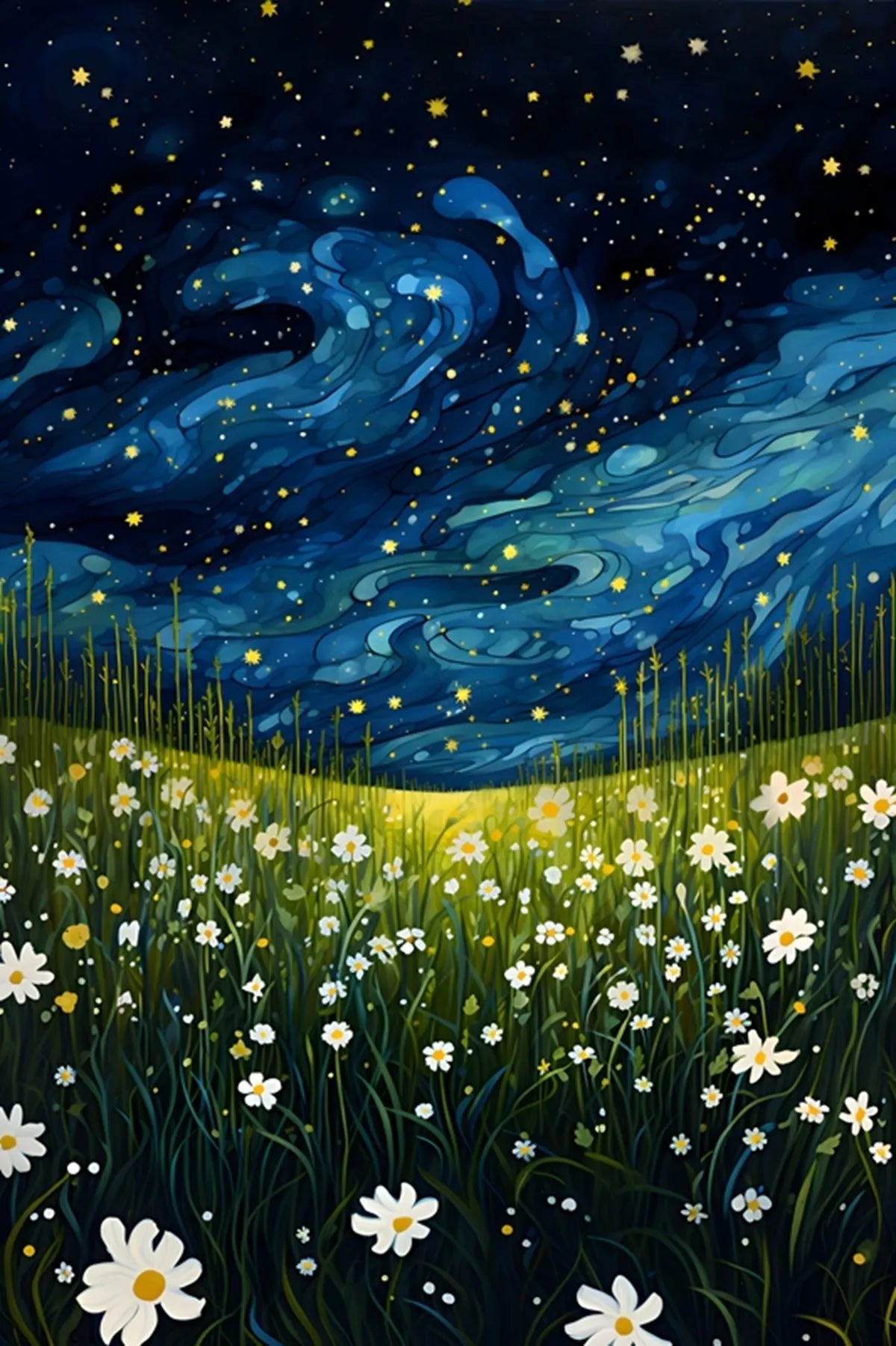 Starry night sky over a field of flowers