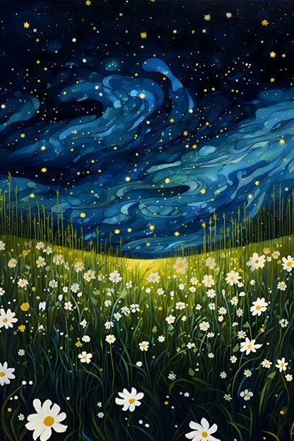 Starry night sky over a field of flowers