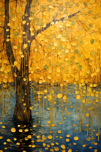 Artistic depiction of a tree with gold leaf-like patterns on a yellow and blue background