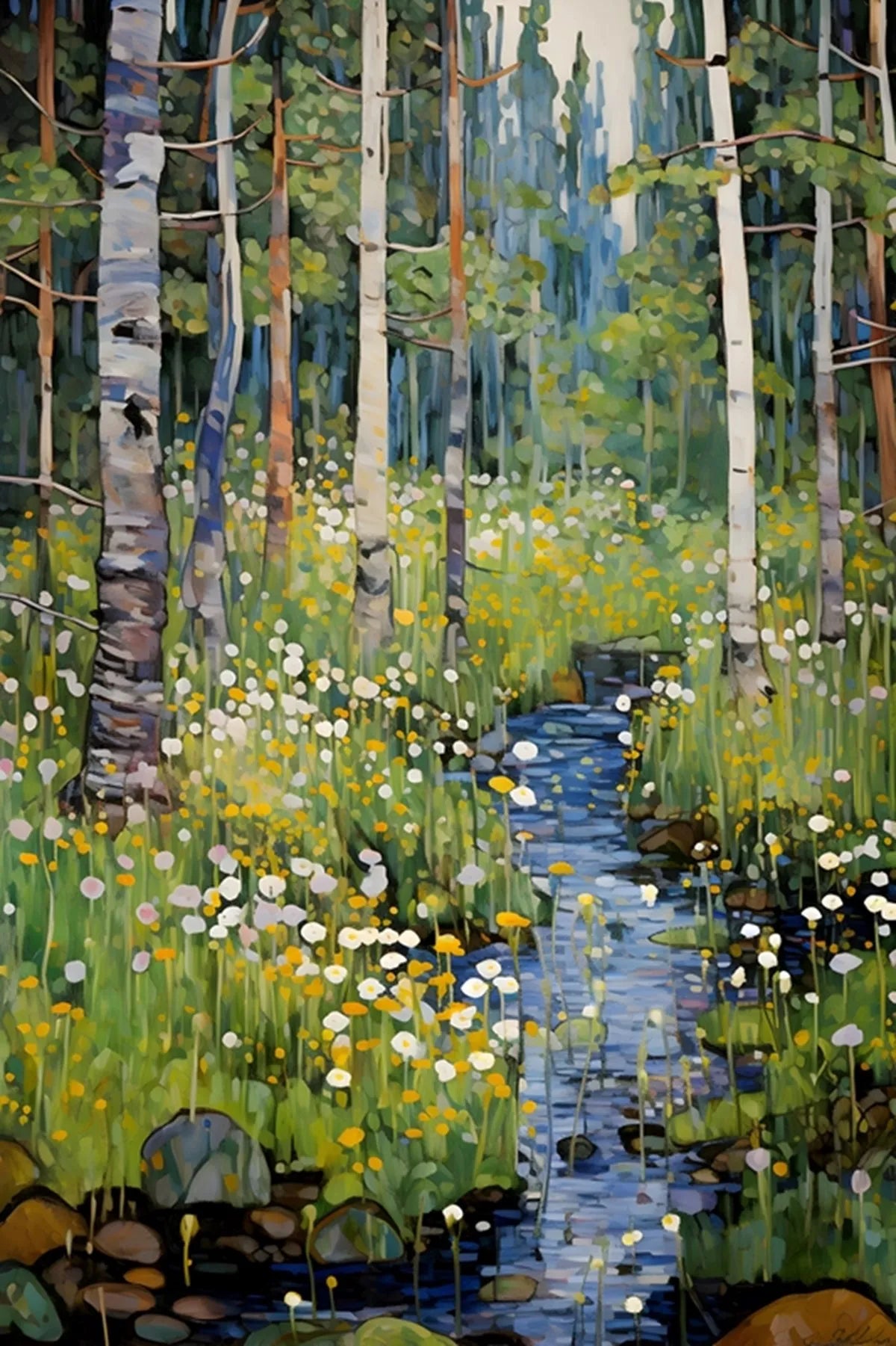 Painting of a forest stream with birch trees and wildflowers
