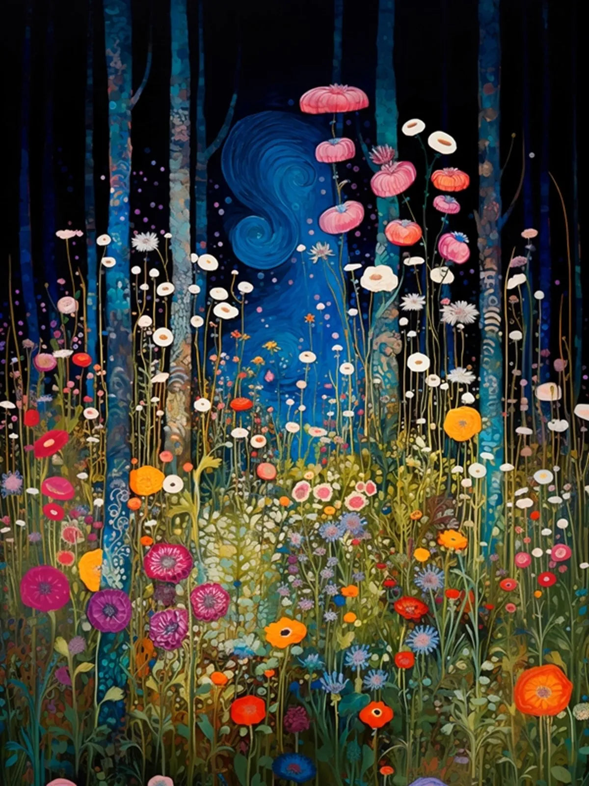 Colorful forest scene with flowers and a blue spiral in the center
