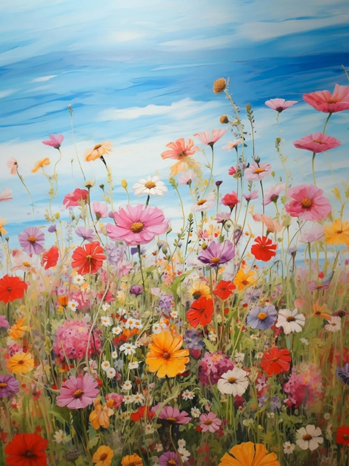 Colorful painting of a field of flowers with a blue sky.